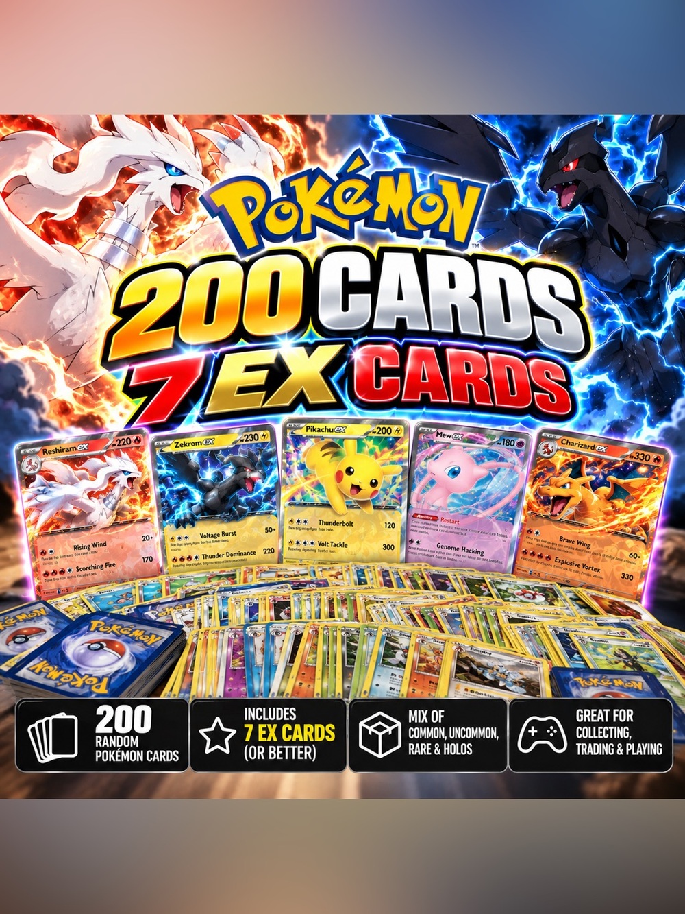 Pokémon Card Lot 200 Cards + 7 EX Cards | Random Bulk Collection